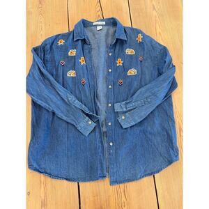 Vintage‎ Gingerbread Man Denim Button Up Shirt XL 100% Cotton